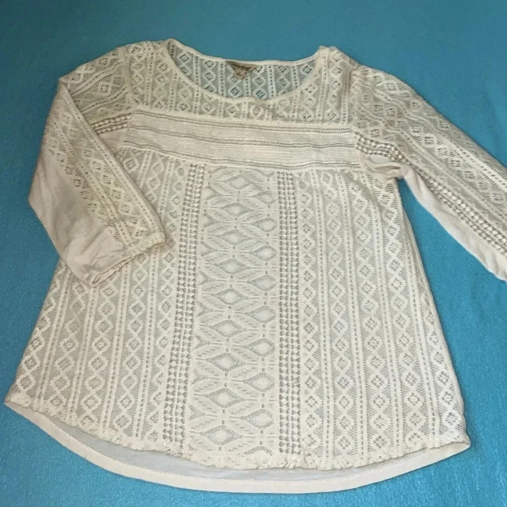 LUCKY BRAND crocheted 3/4 sleeve semi sheer scoop neck top boho NEW size S
